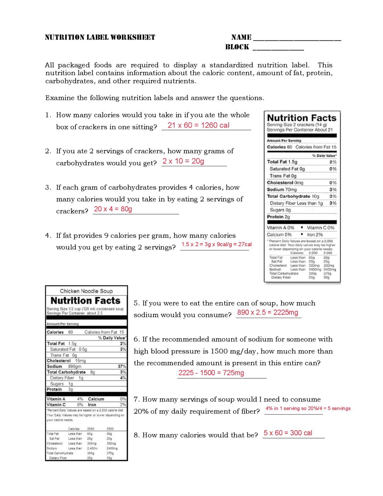 NutritioN Label Worksheet Name Study Notes Nutrition Docsity