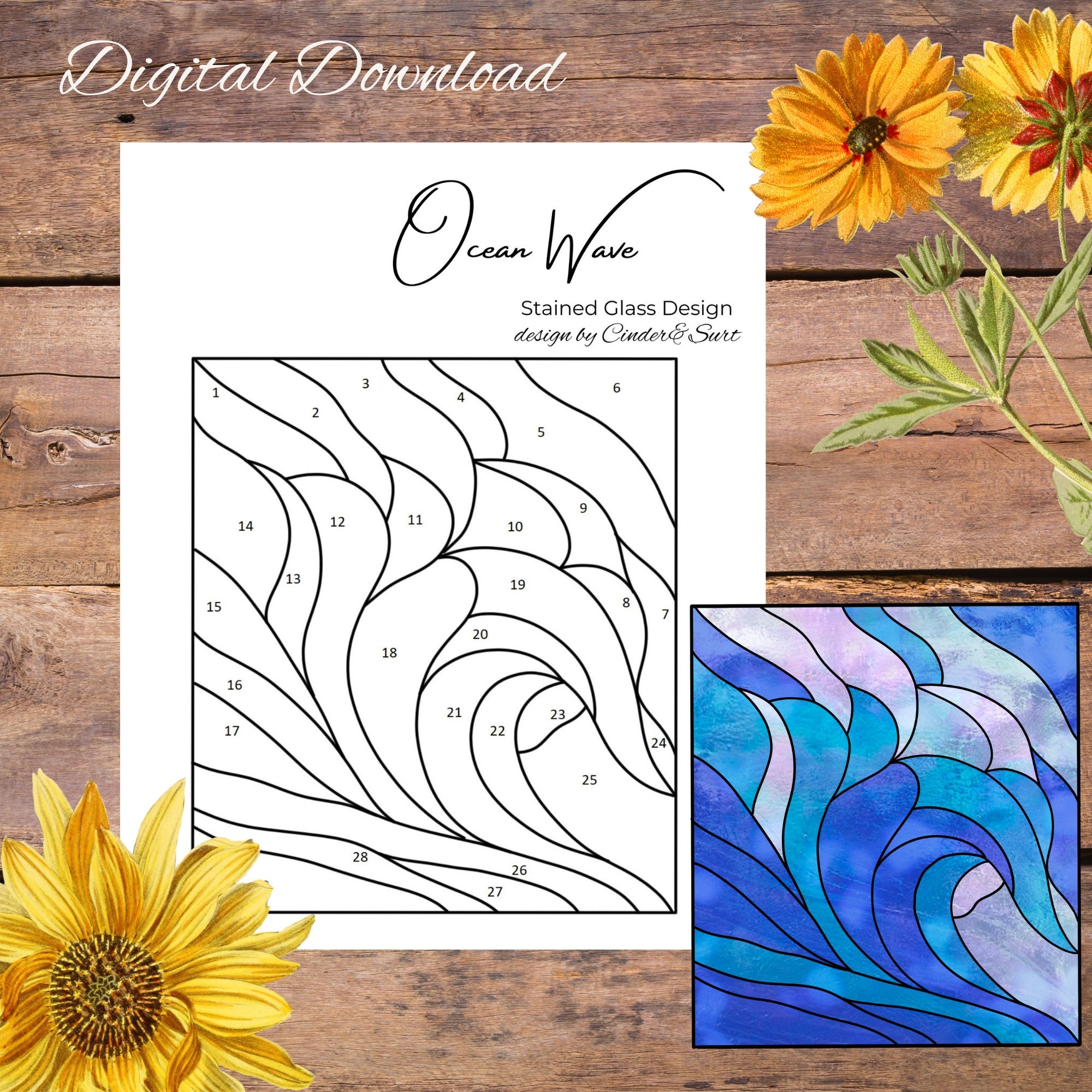 Ocean Wave Ocean Stained Glass Pattern Digital Stained Glass 