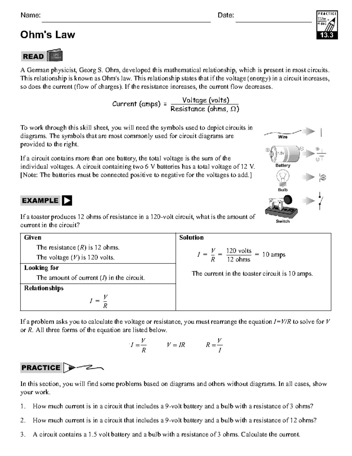 ohm's law practice worksheet