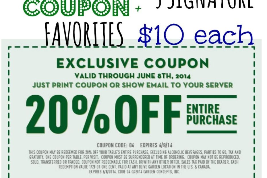 Olive Garden Coupon 20 OFF The Entire Table 10 Favorites Worksheets Library
