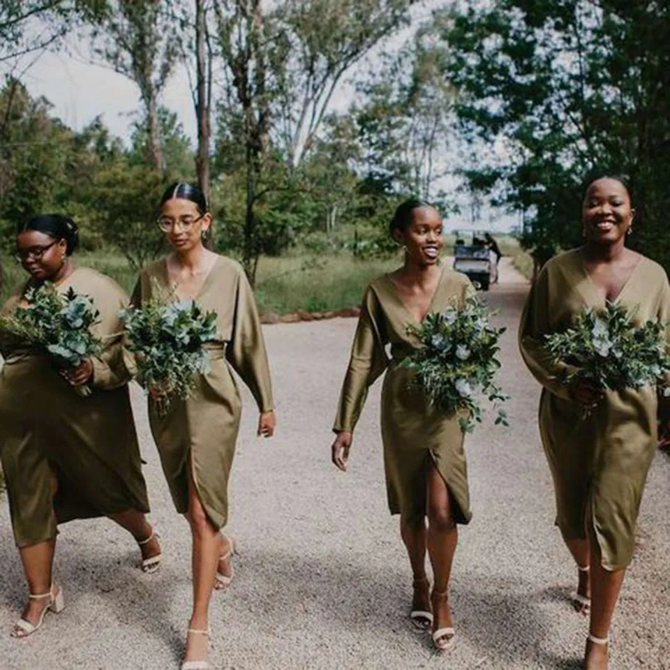 Olive Green Bridesmaid Dresses Tea Length Long Sleeves Elegant Garden Party Gowns Countryside Wedding Attire Available In Plus Sizes