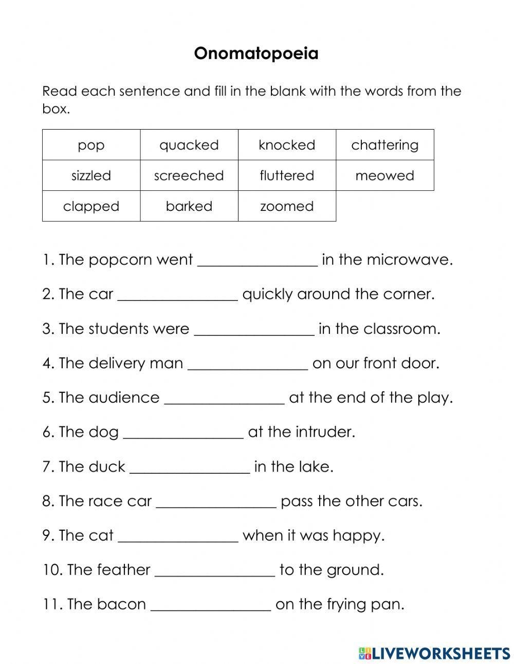 Onomatopoeia And Alliteration Worksheet Live Worksheets Worksheets Library