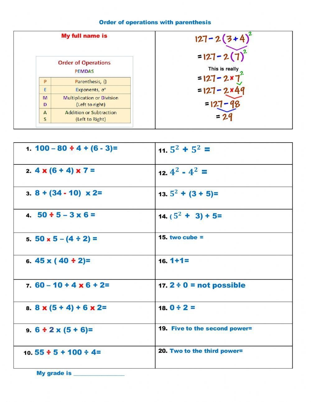 Order Of Operation With Exponents And Parentheses Worksheet Live Worksheets Library