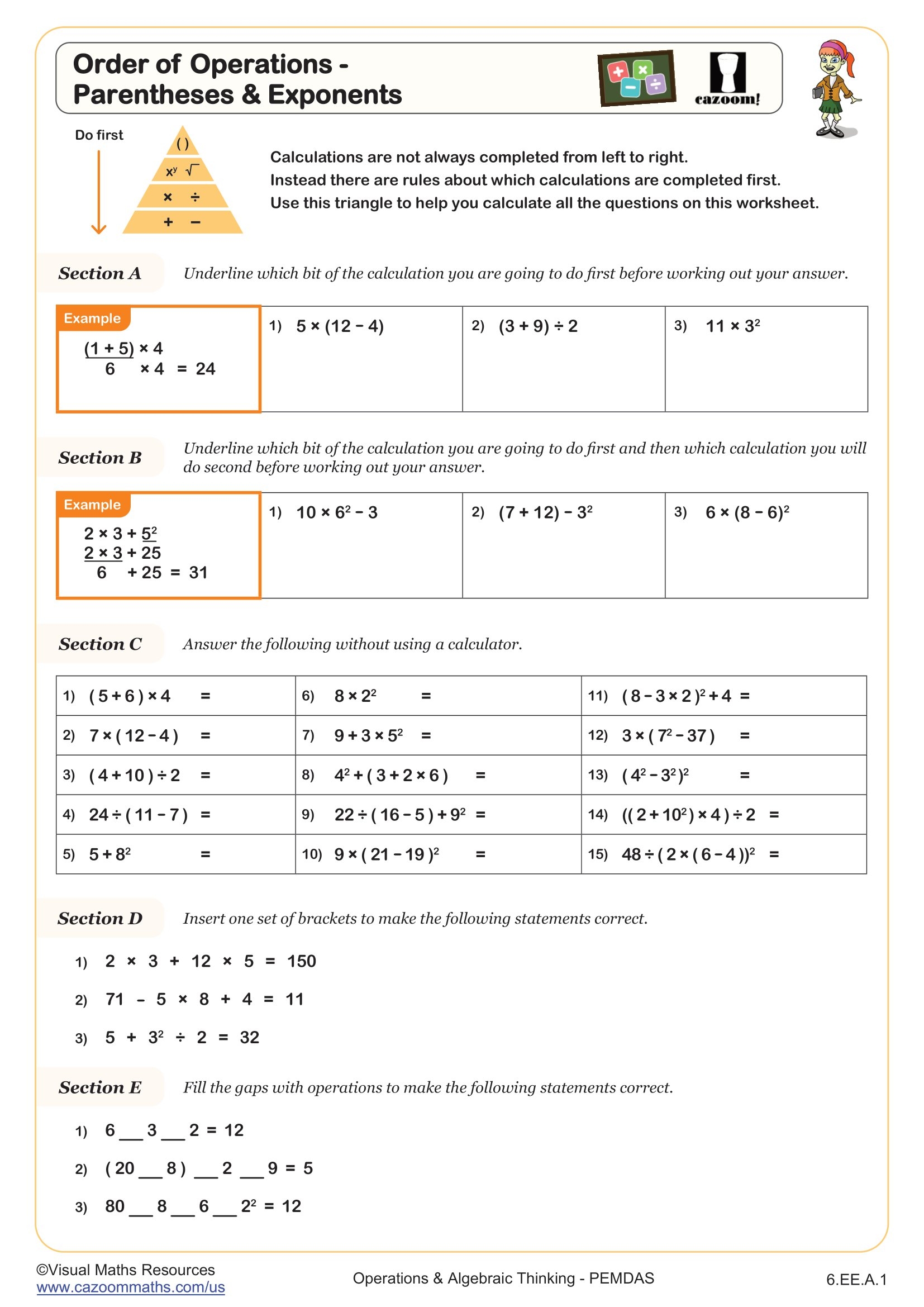 Order Of Operations Parentheses U0026 Exponents Worksheet 6th Grade PDF Worksheets