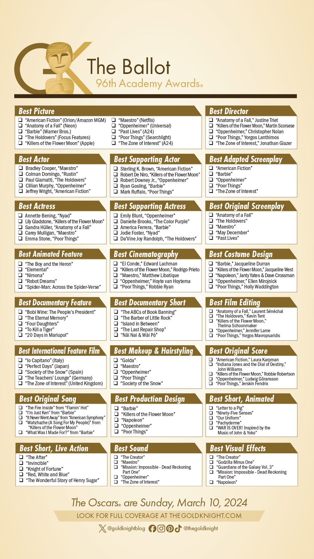 Oscars 2024 Download Our Printable Ballot The Gold Knight 
