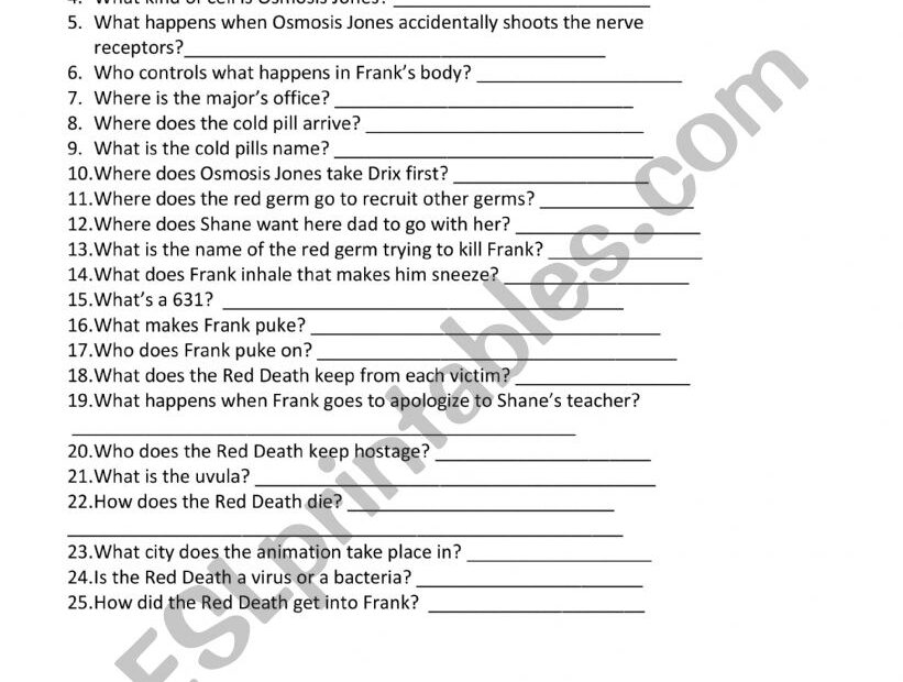 Osmosis Jones ESL Worksheet By Ms Kasper