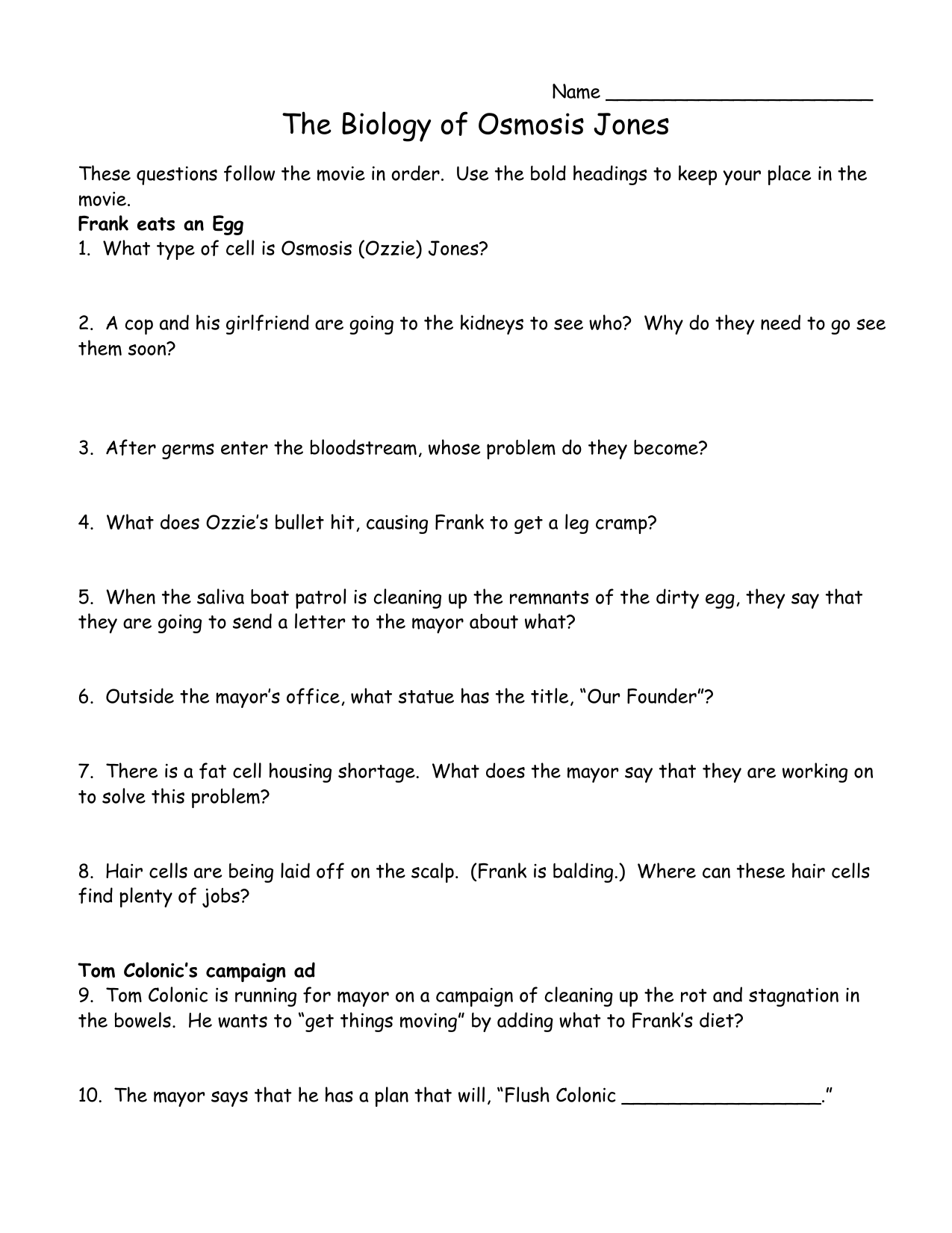 Osmosis Jones Movie Biology Worksheet