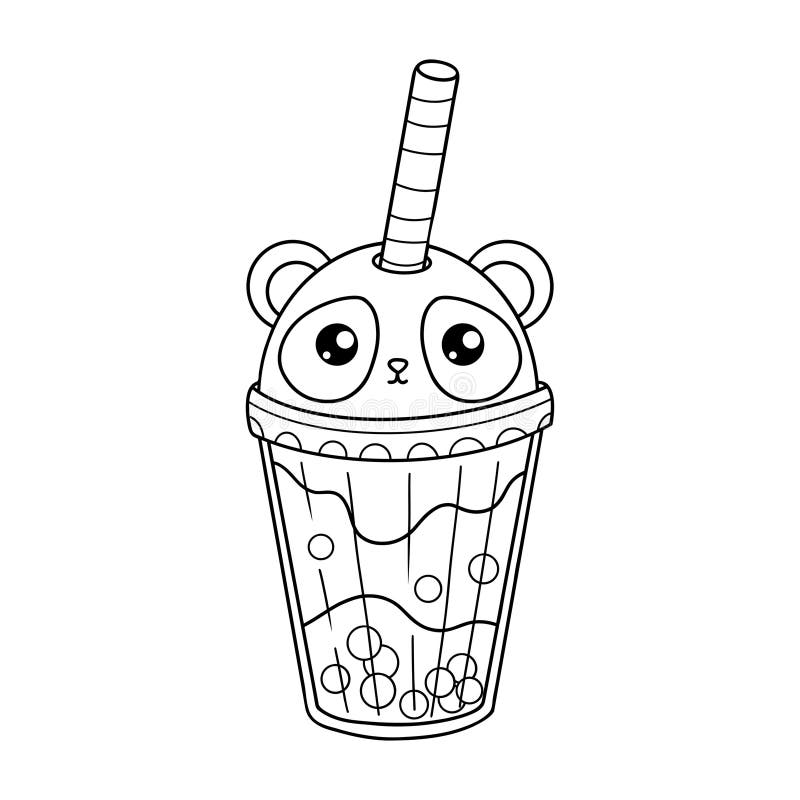 Outline Cartoon Panda Bear Cute Glass Bubble Tea With Straw 
