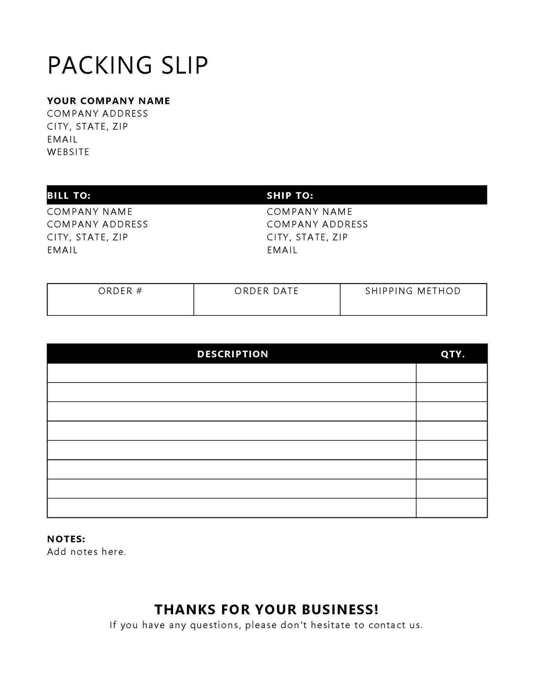 printable packing slip template