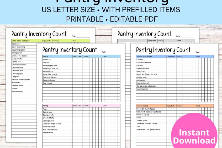 Pantry Inventory Template Food Inventory Printable Editable PDF Letter Size Etsy
