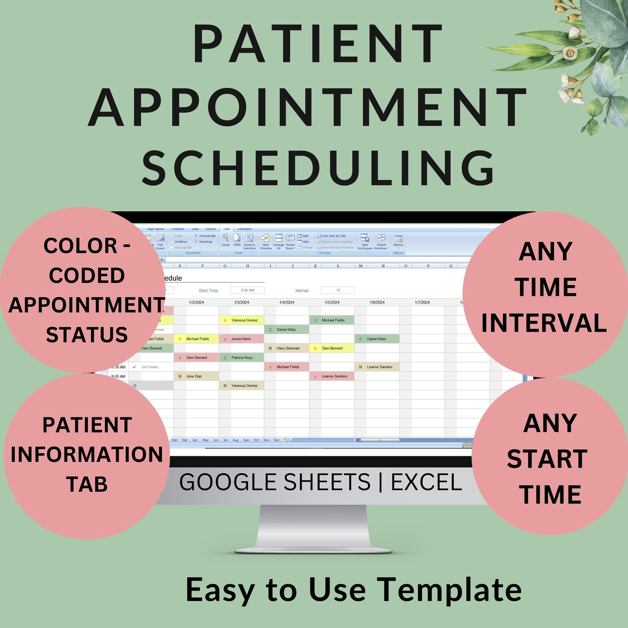 Patient Appointment Scheduling Template Clinic Medical Office Any Time Intervals Appointment Status Unlimited Patients Google Sheets Excel Etsy