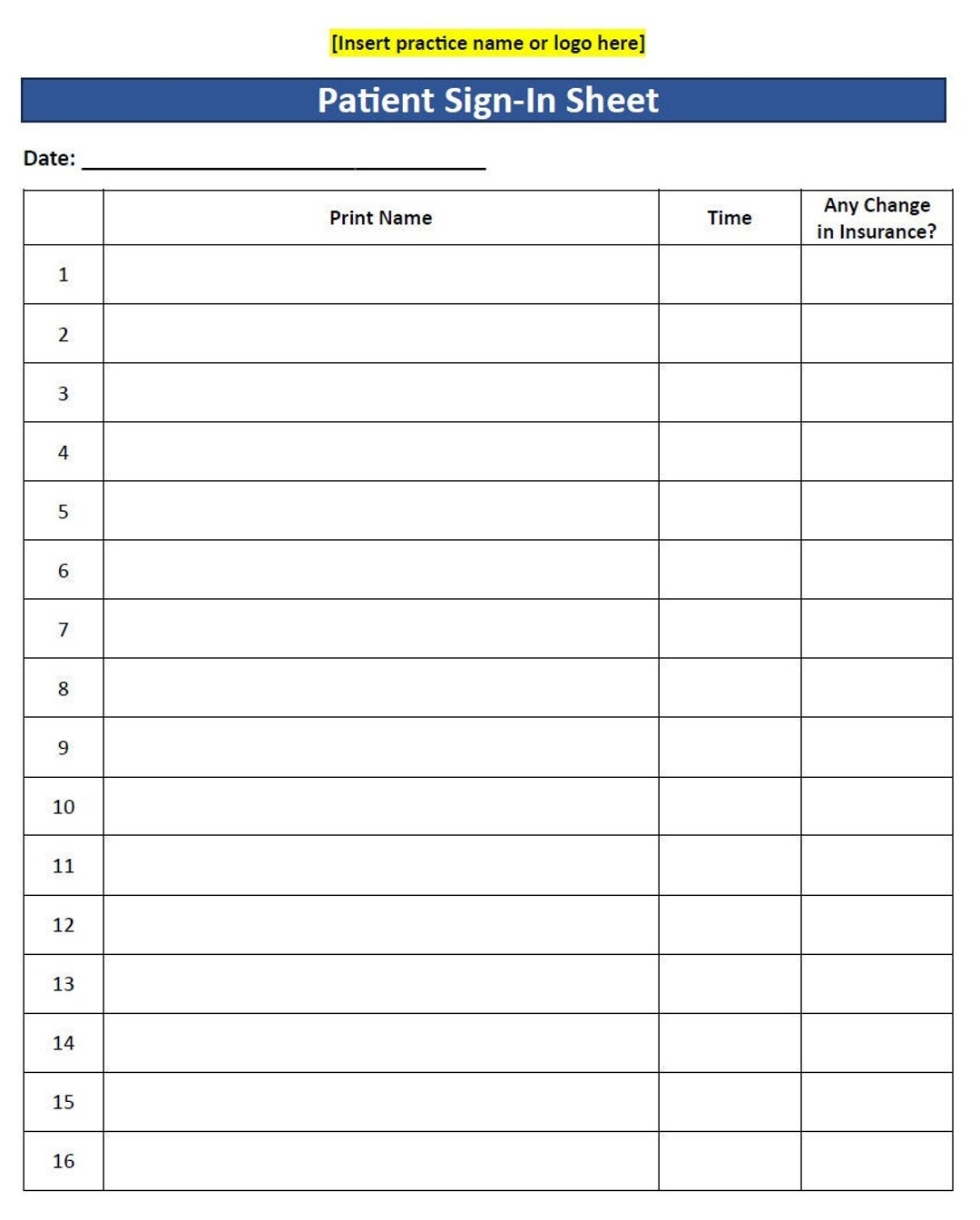 free printable patient sign in sheet template
