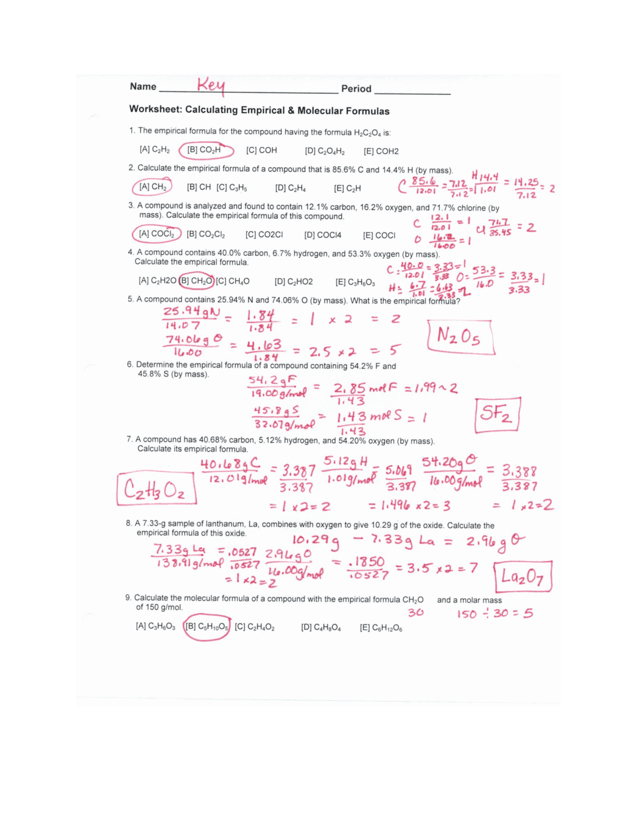 PDF CalculationG Empirical And Molecular Formulas WS Key Study Notes Chemistry Docsity