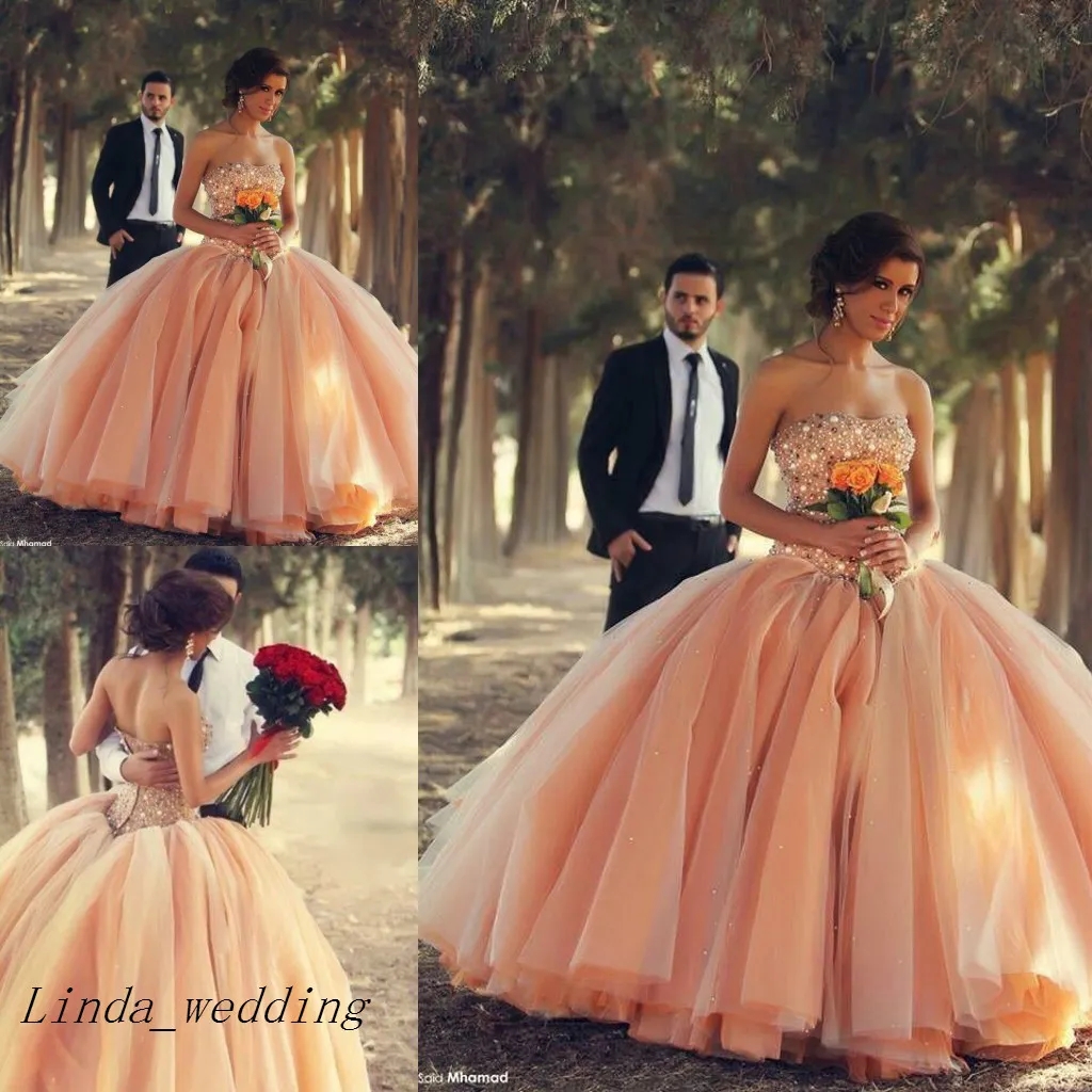 Peach Sweetheart Beads And Crystals Peach Dress For Wedding With Tulle Ball Gown And From Linda wedding 1 331 62 DHgate Com