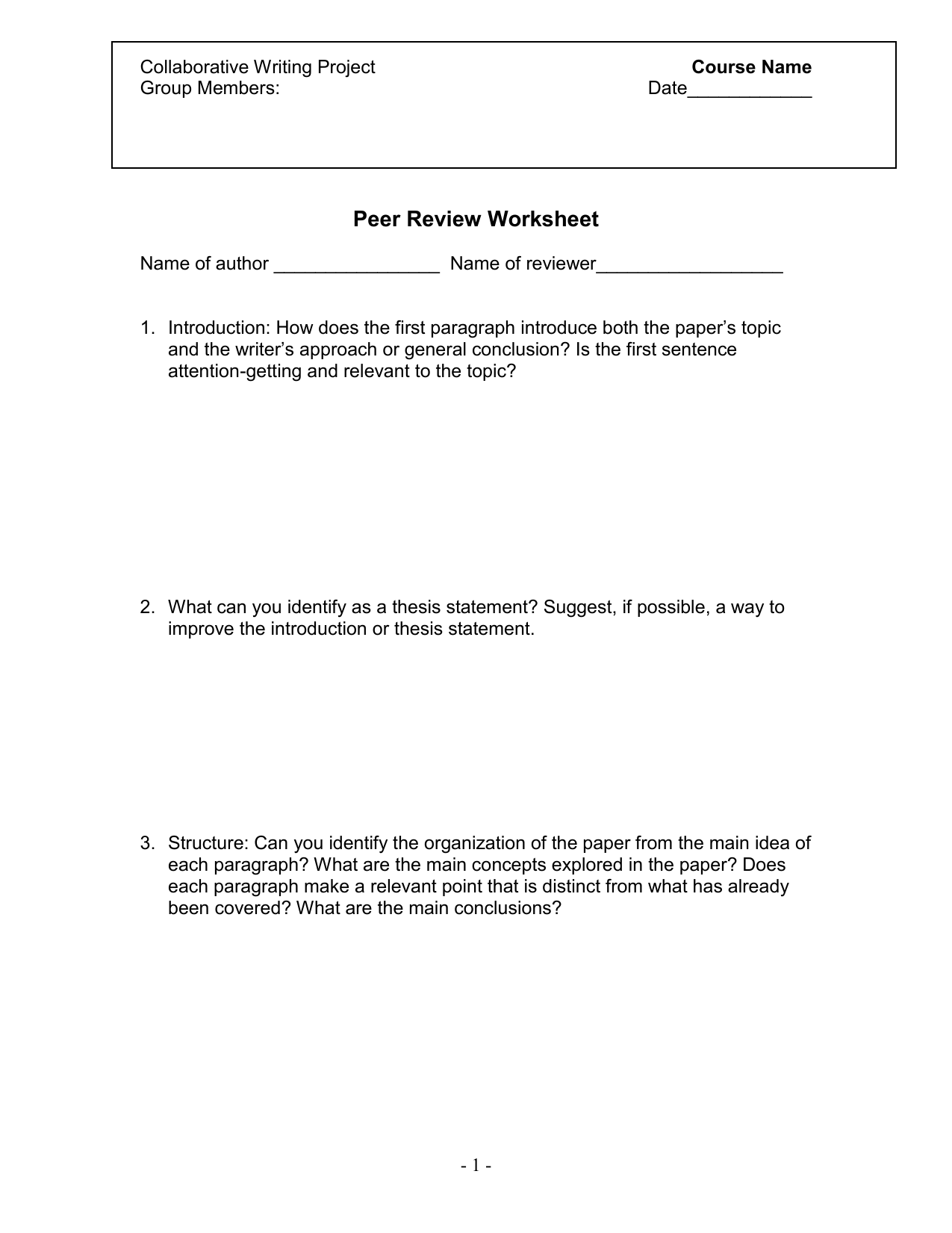 Peer Review Worksheet Collaborative Writing