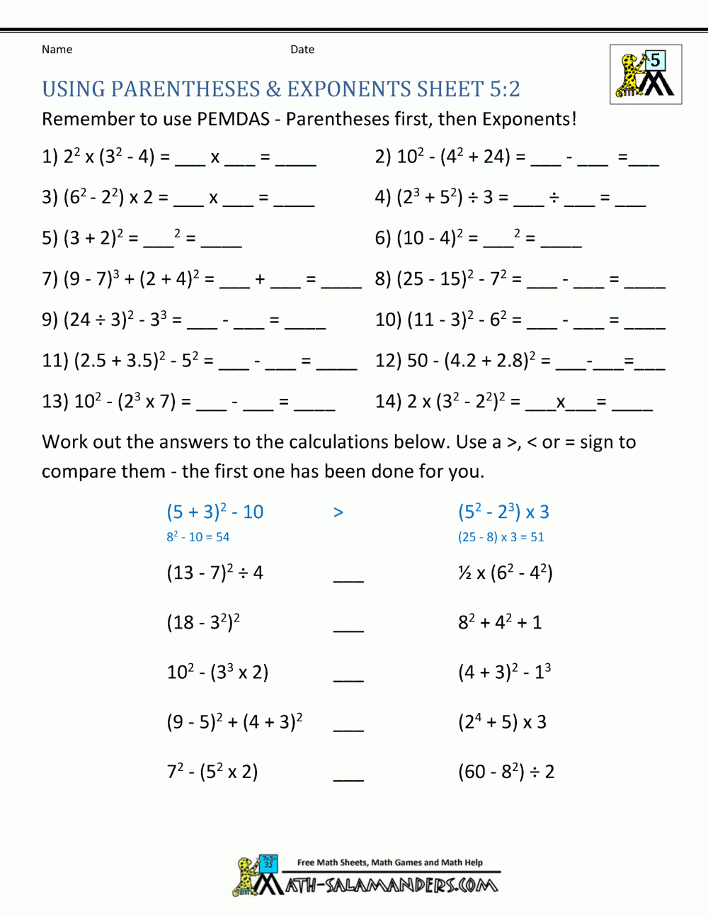 order of operations with exponents worksheet pdf