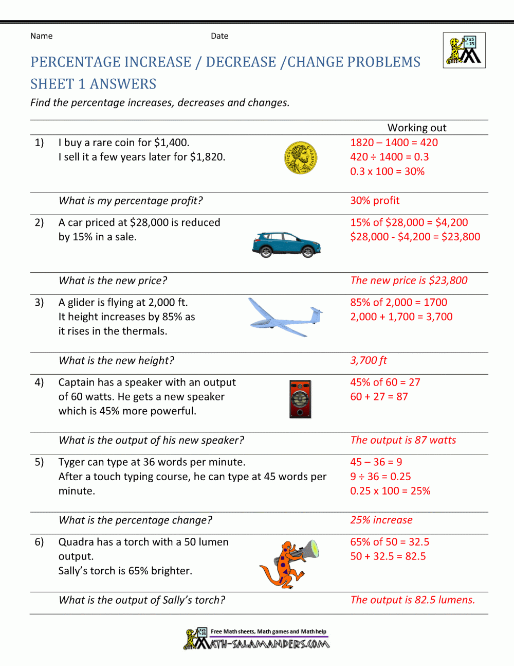 percent increase and decrease worksheet