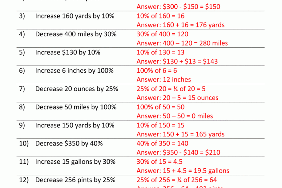 Percentage Increase And Decrease Worksheets