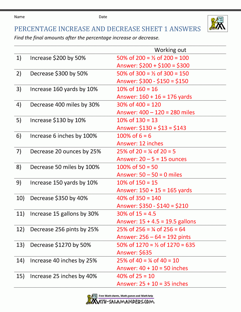 Percentage Increase And Decrease Worksheets Worksheets Library