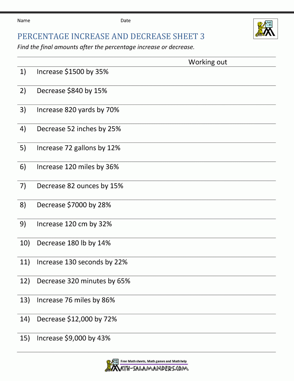 Percentage Increase And Decrease Worksheets