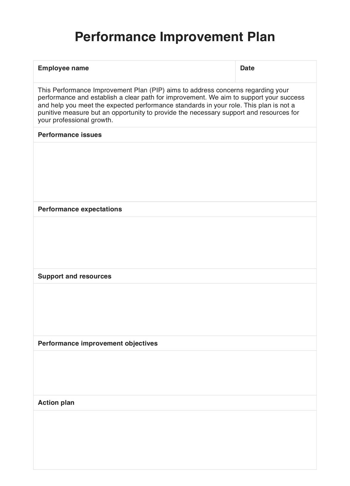 Performance Improvement Plan U0026 Example Free PDF Download