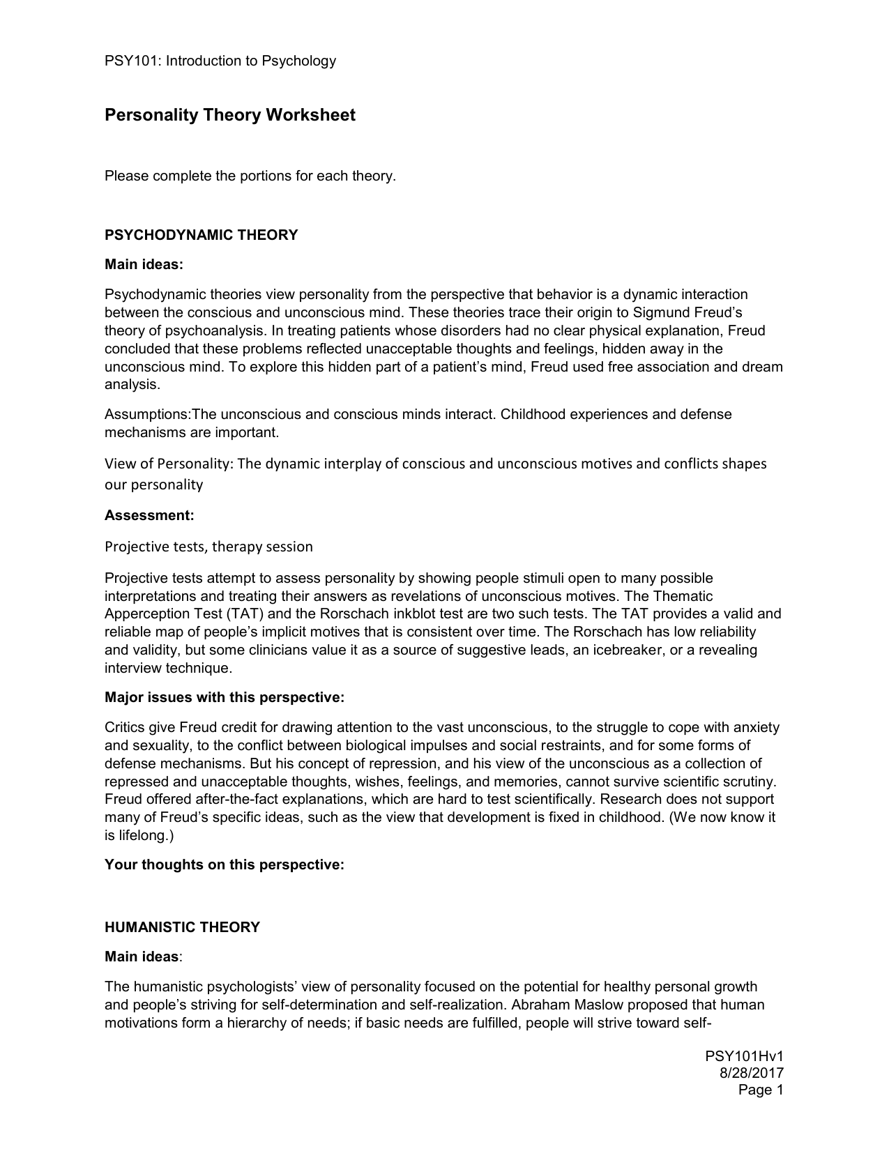 intro to psychology personality disorder worksheet