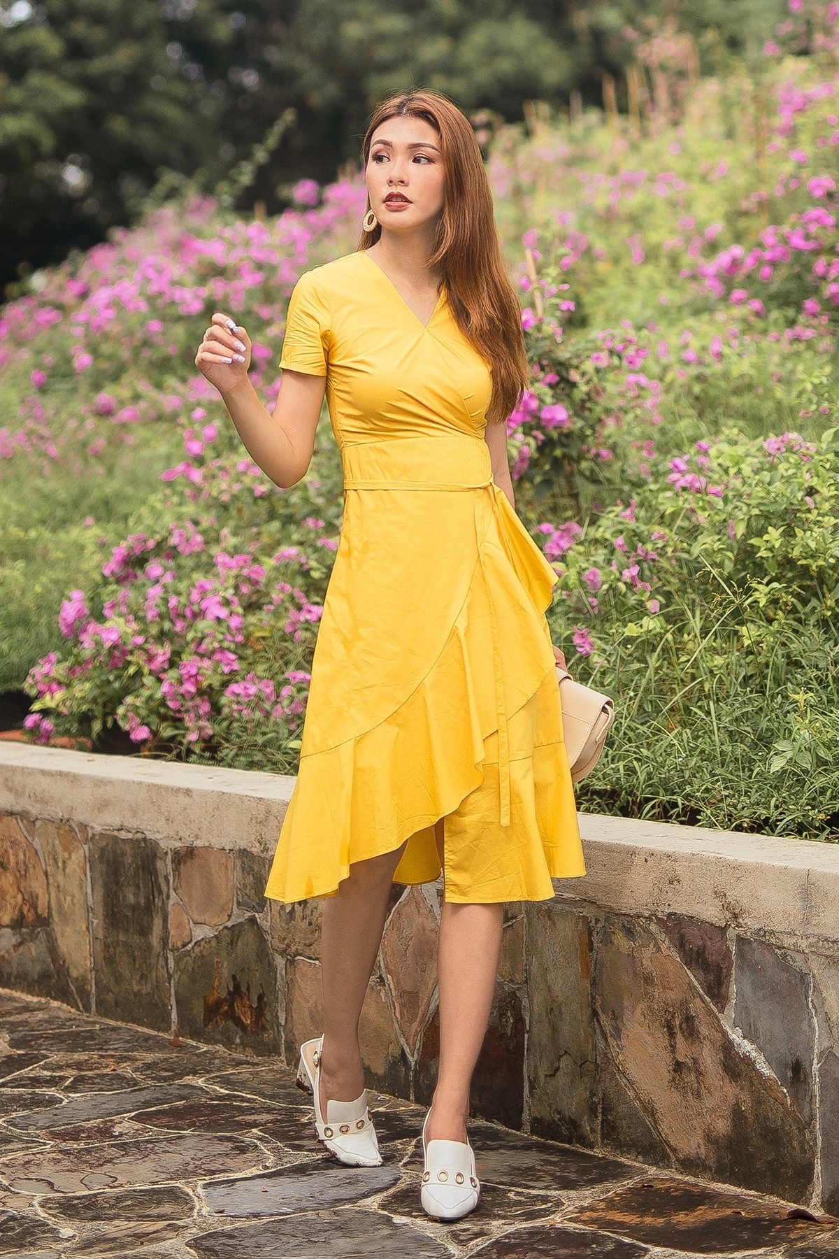 Philisa Ruffle Wrap Dress In Mustard Yellow