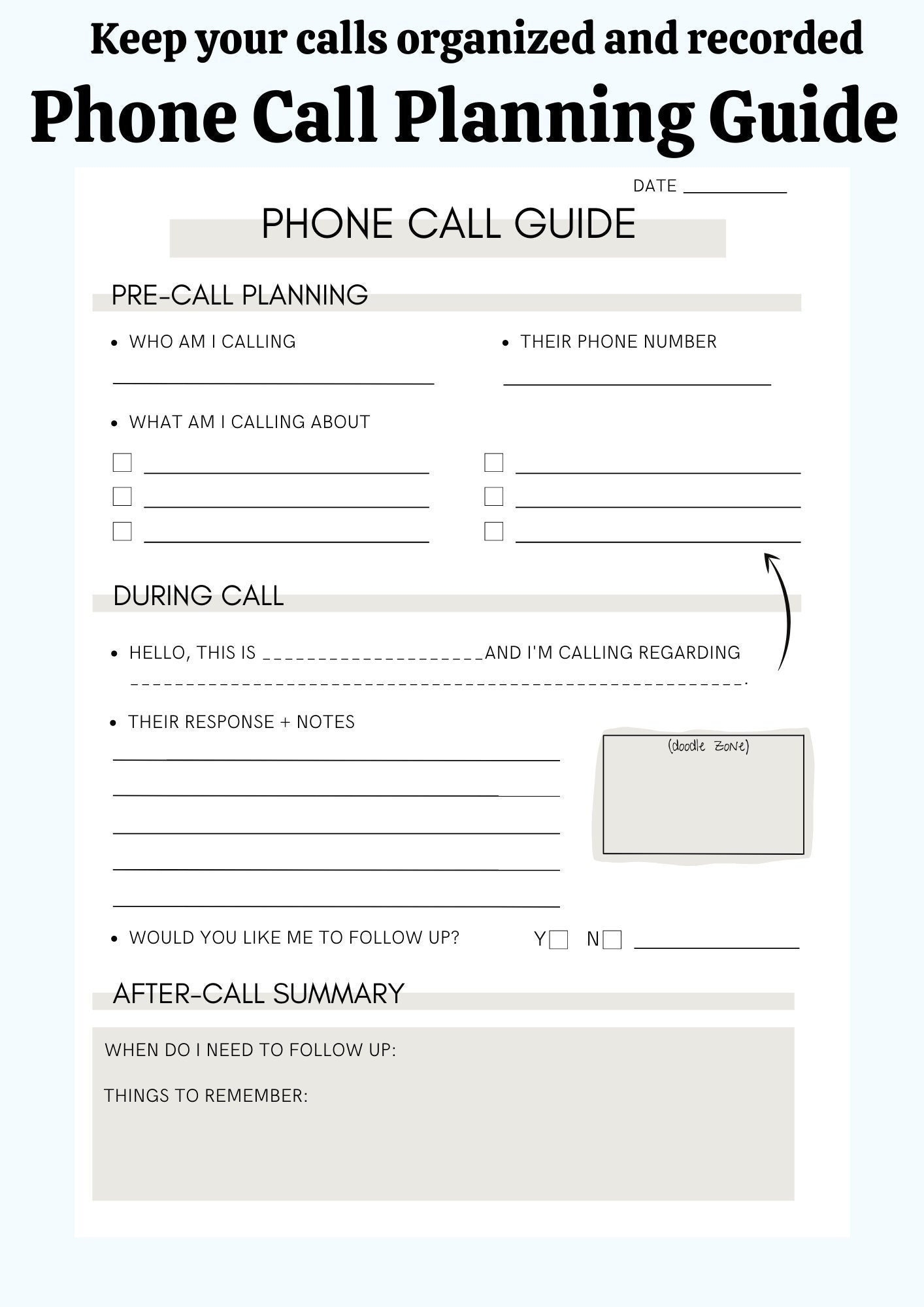 Phone Call Guide To Plan And Record Calls phone Call Cheat Sheet 