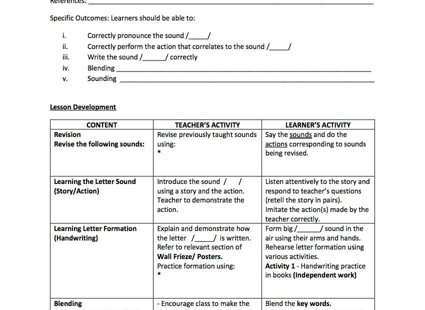 Phonics Lesson Plan Blank Beyond Ourselves Zambia