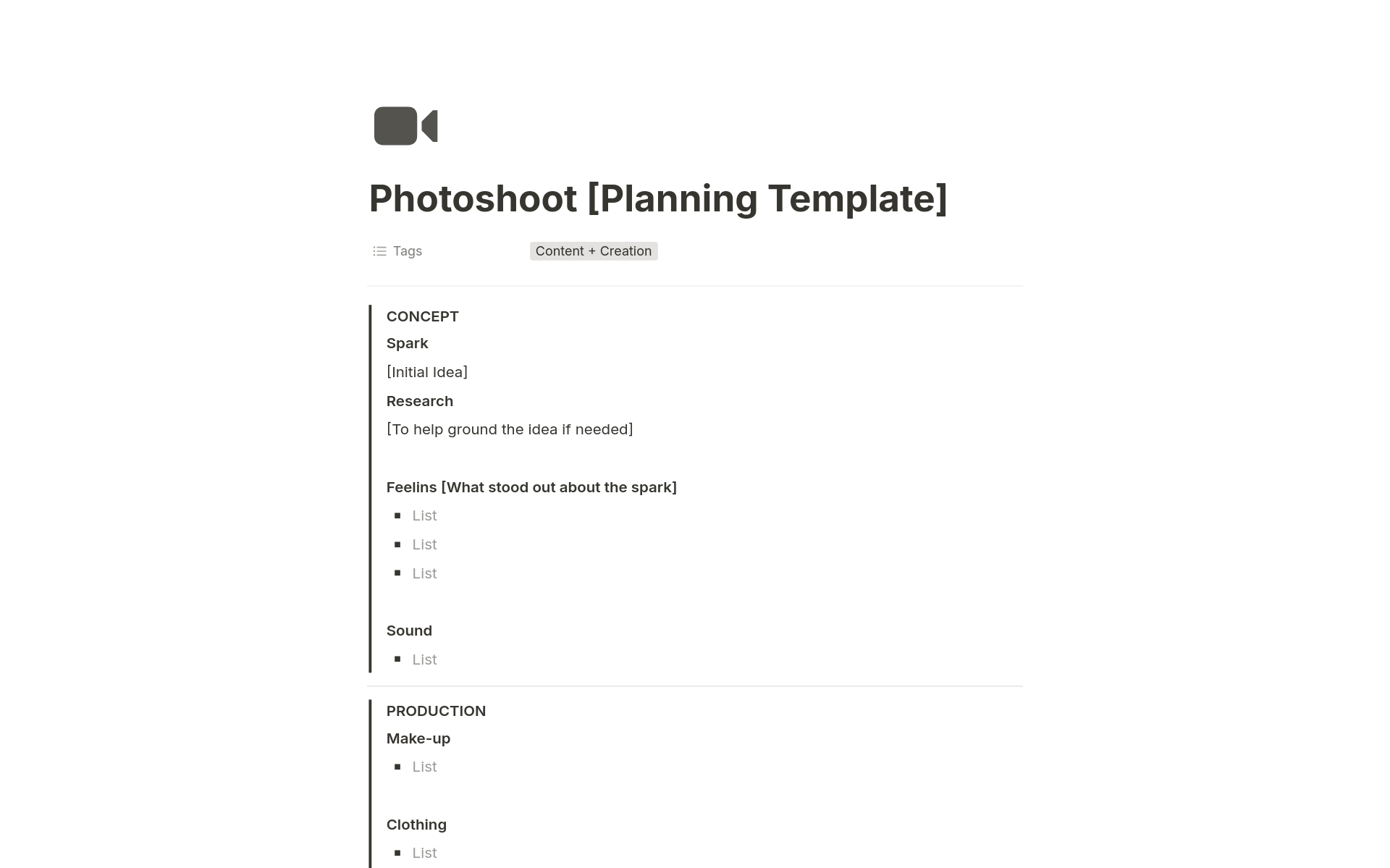 Photoshoot Planning Template By EEE Notion Marketplace