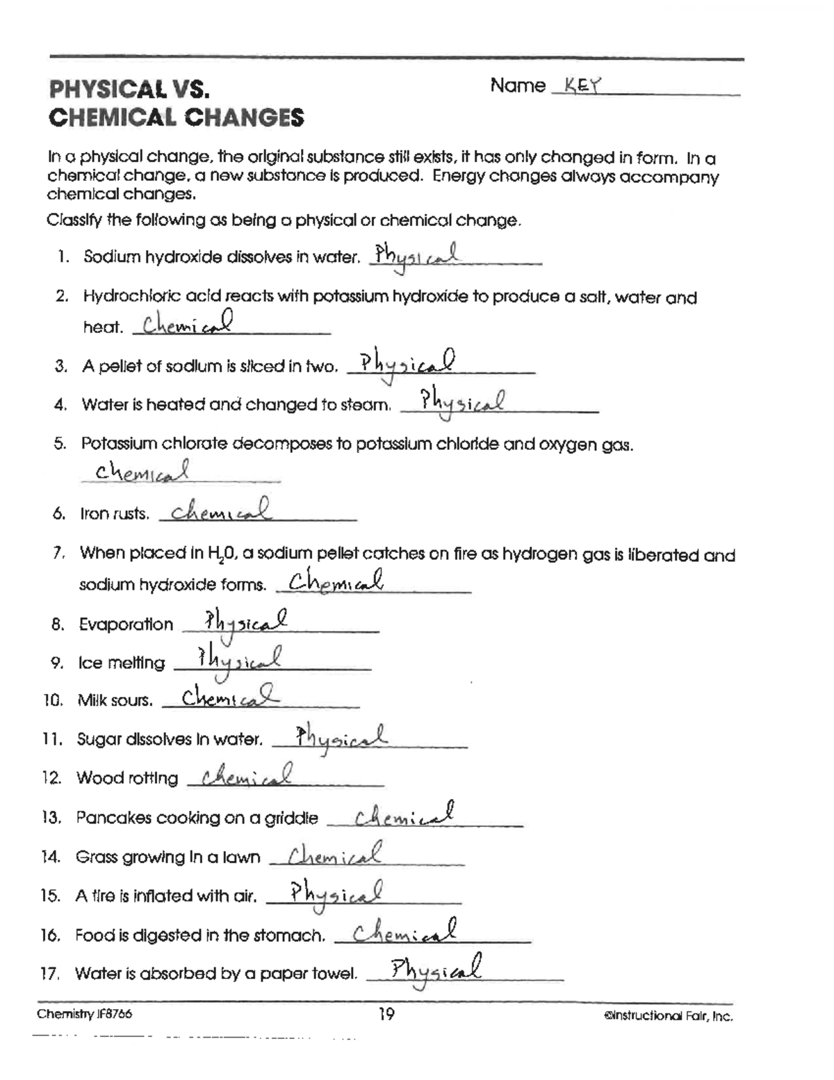 physical vs chemical changes worksheet