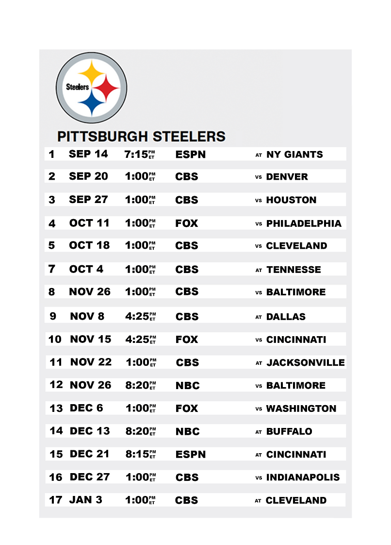 Pittsburgh Steelers 2024 Regular Season NFL Schedule ESPN Worksheets Library