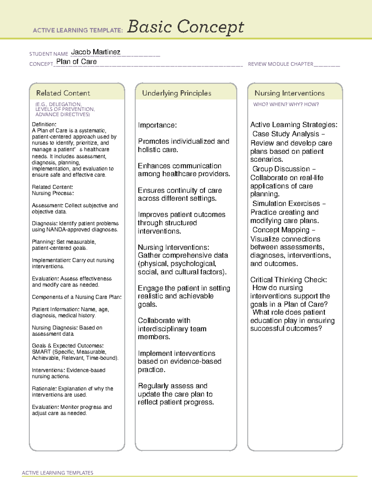Plan Of Care ATI Active Learning Template Guidelines Studocu