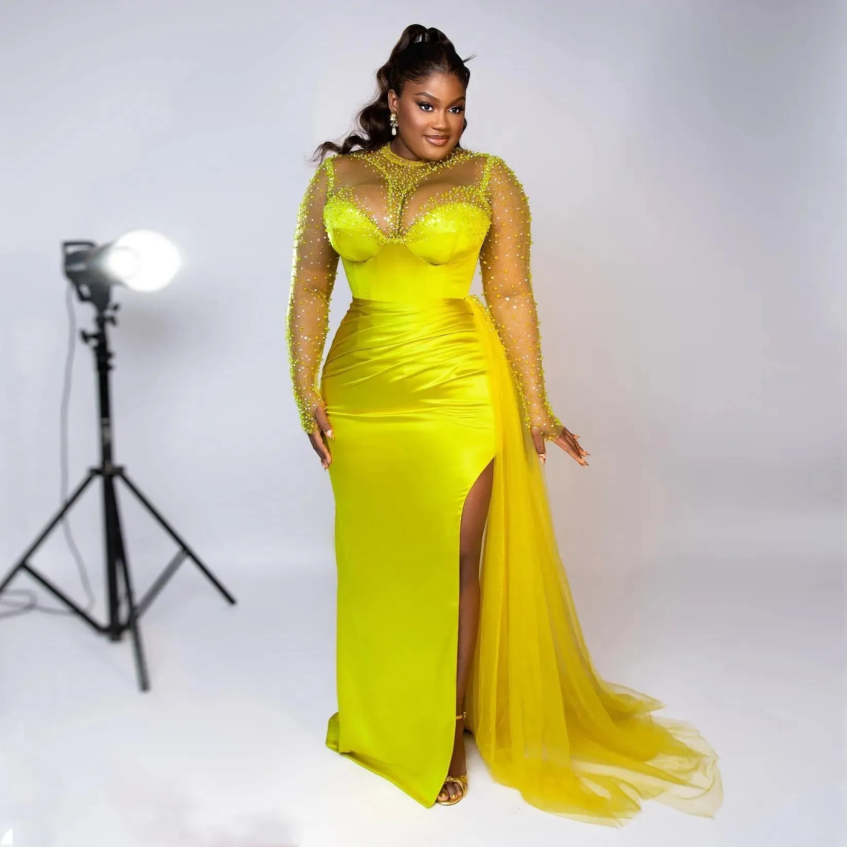 Plus Size Lemon Green African Formal Sundress With Sparkly Beaded 