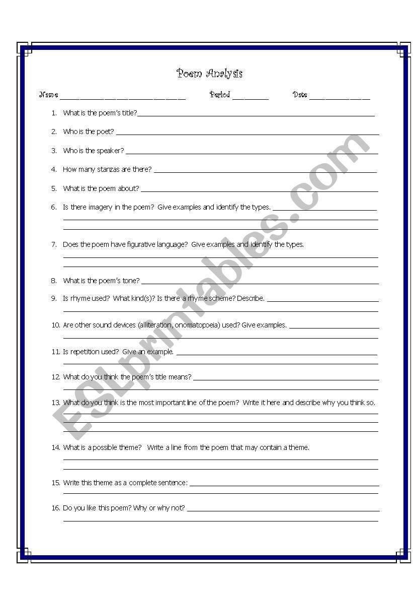 Poem Analysis Worksheet ESL Worksheet By Mgillham Worksheets Library