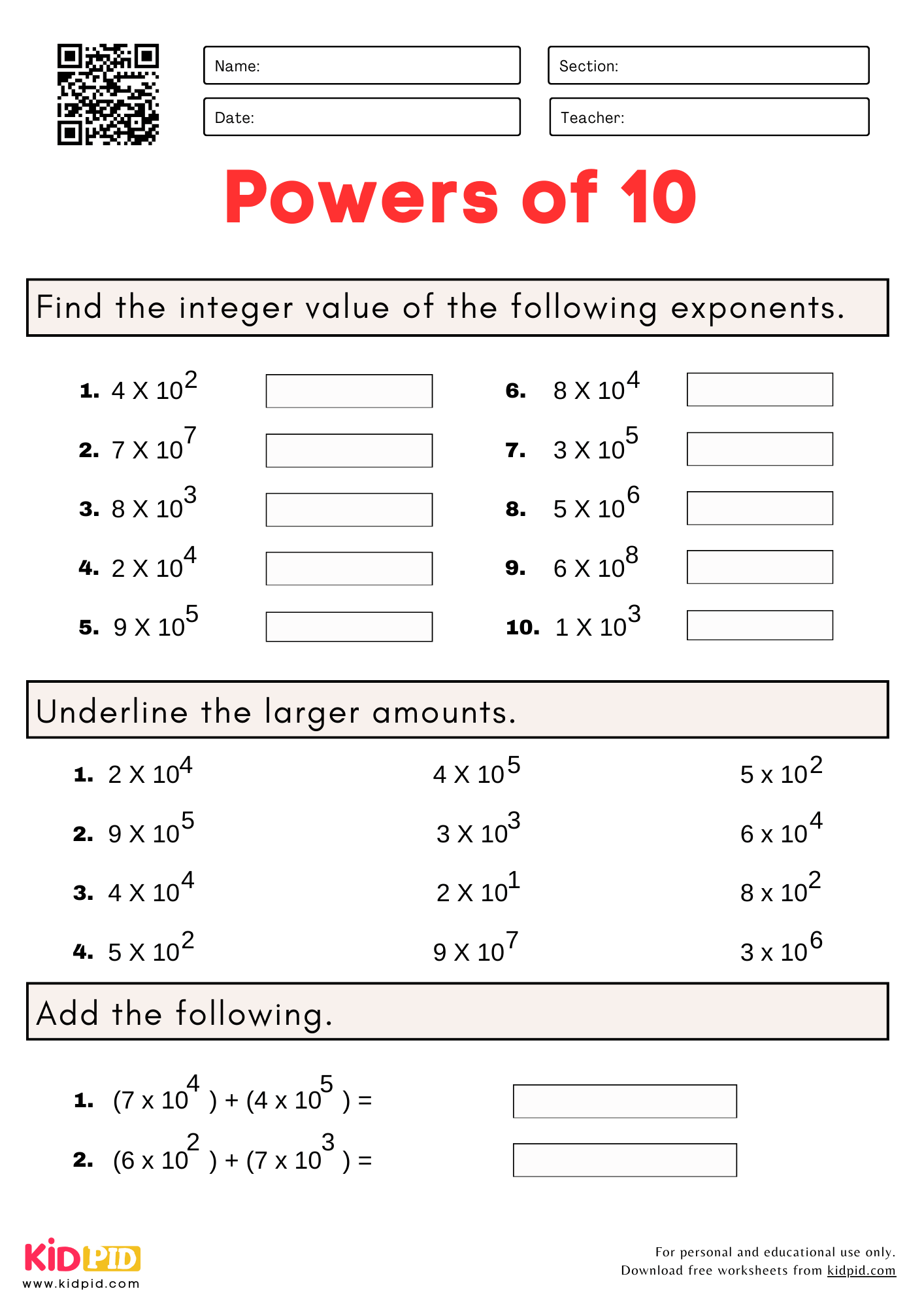 Powers Of 10 With Integer Worksheets For Grade 5 Kidpid