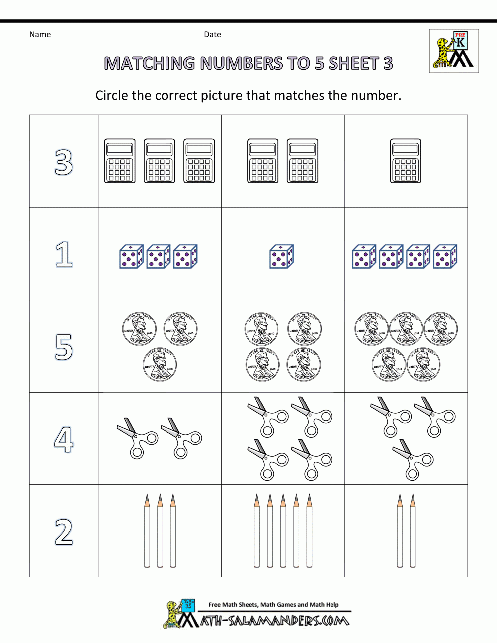 Preschool Math Worksheets Matching To 5