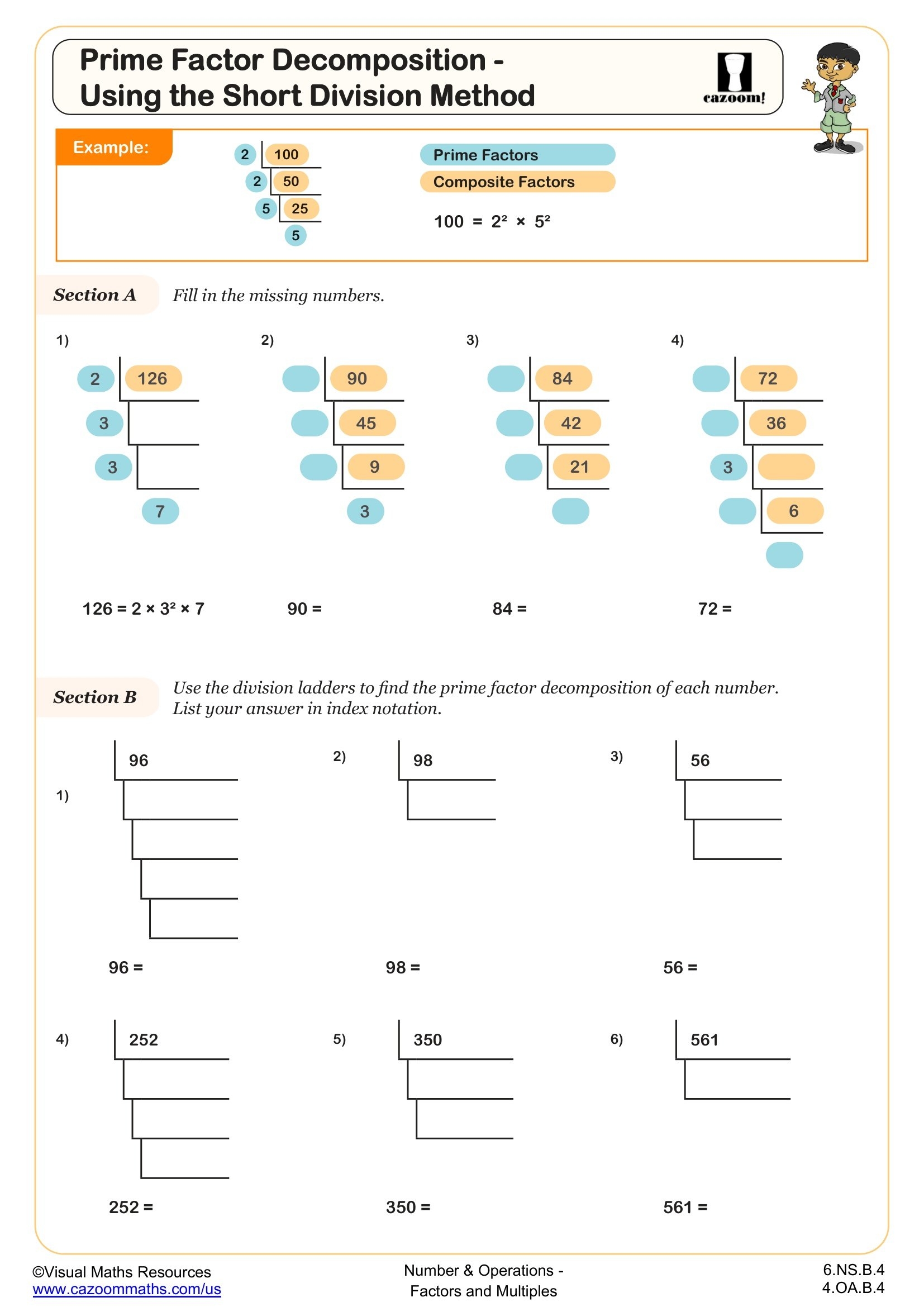 Prime Factor Decomposition Using The Short Division Method Worksheet Fun And Engaging 6th Grade And 4th Grade Number U0026 Operations Worksheet