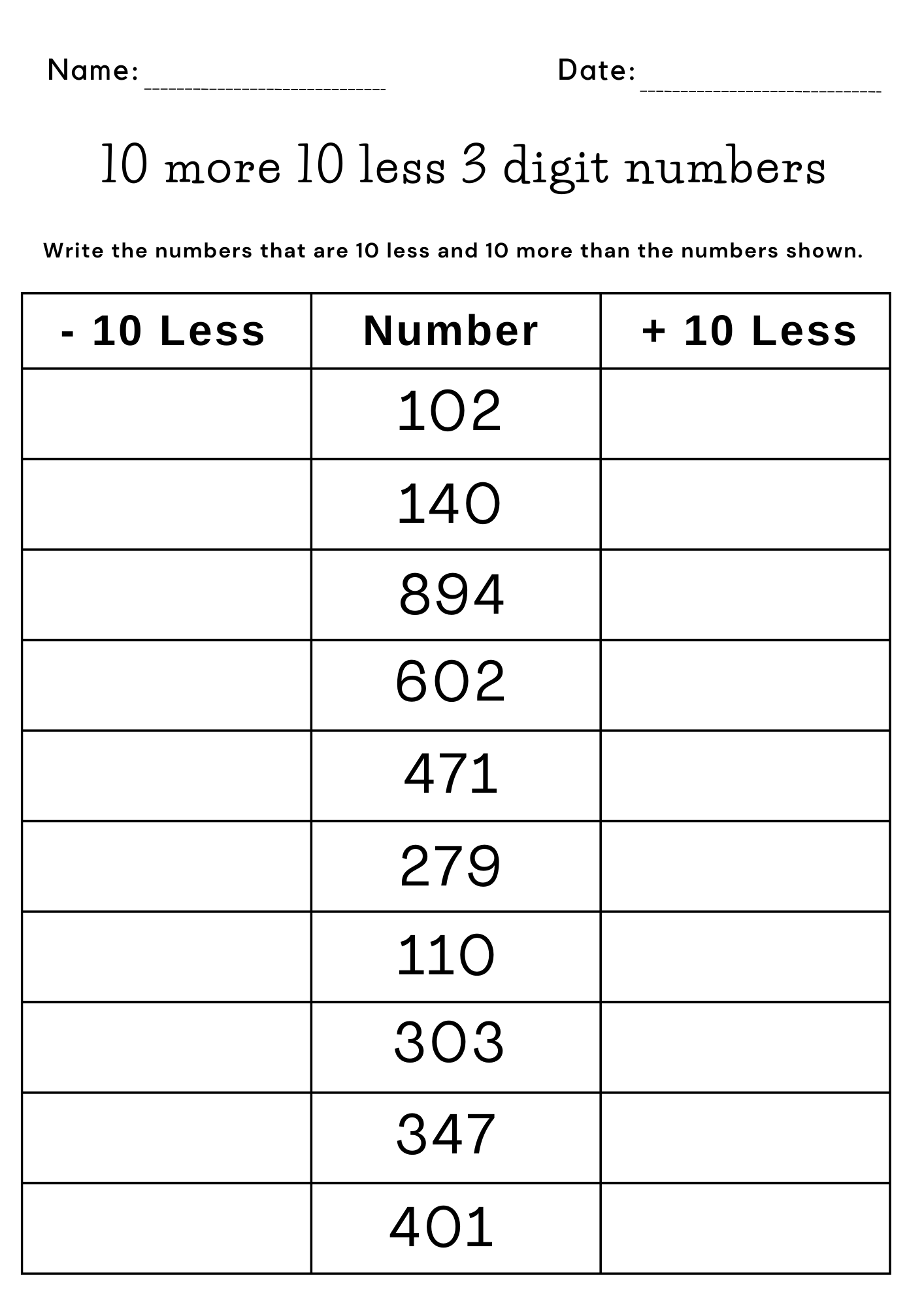 Printable 10 More 10 Less 3 Digit Numbers Worksheet For 1st Grade