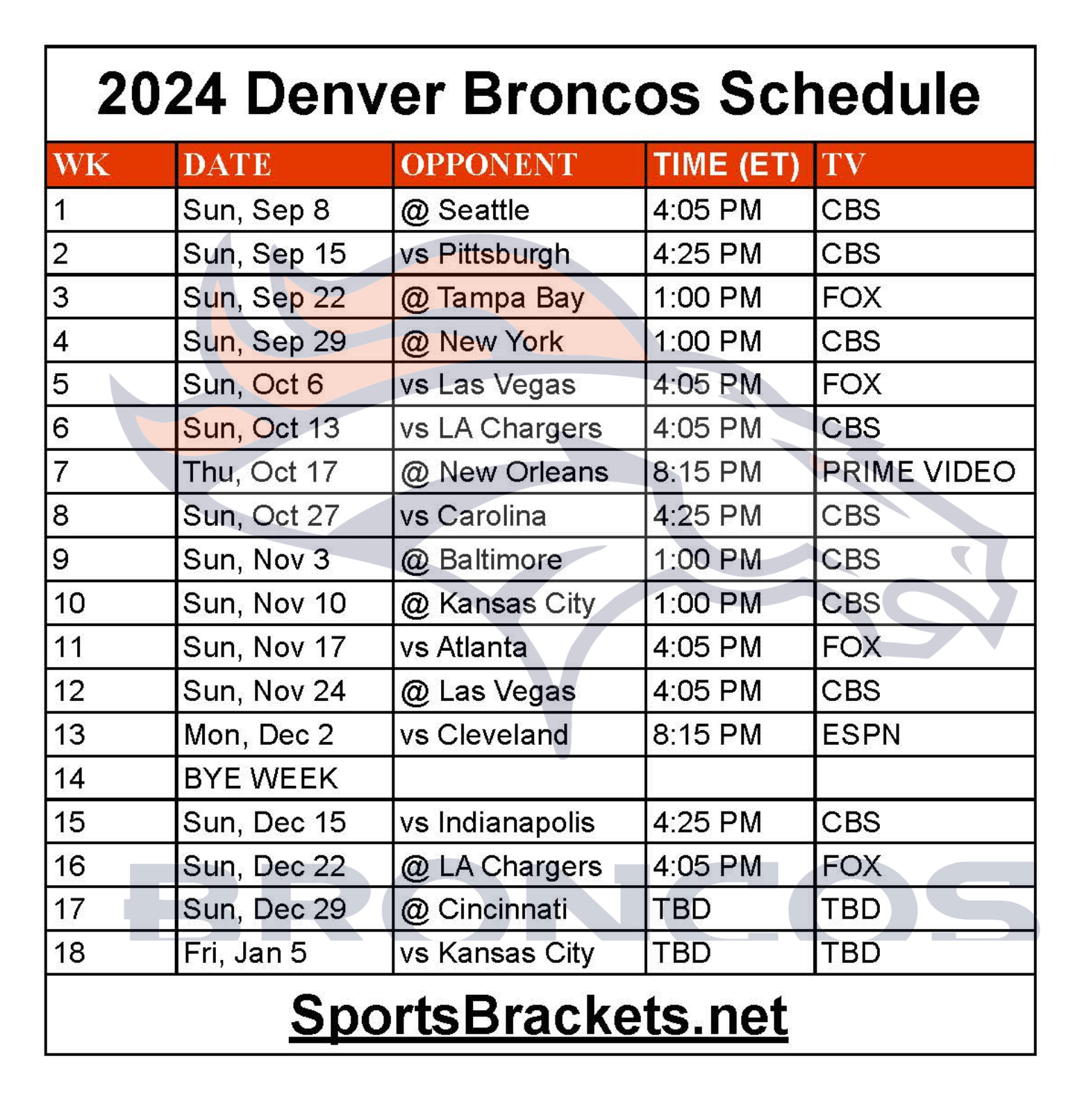 Printable 2024 Denver Broncos Schedule Matchups And TV Broadcasts Sports Brackets