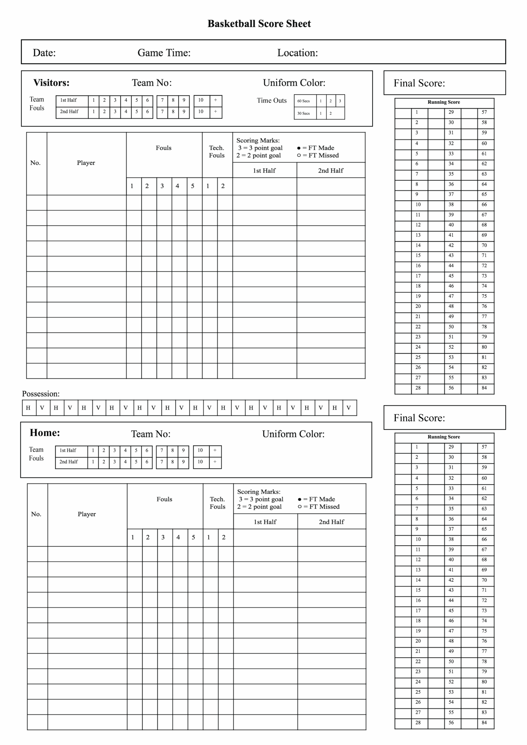 Printable Basketball Scoresheet To Track Stats Like Points Rebounds free Printerfriendly