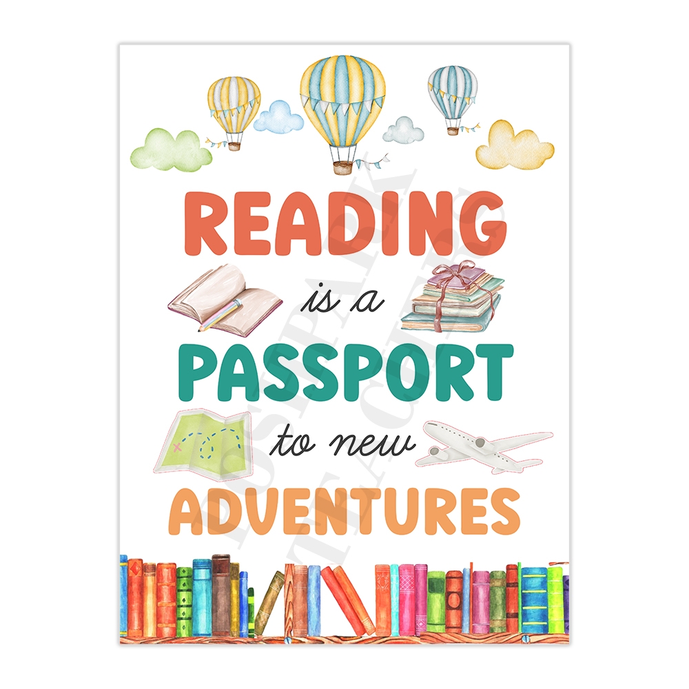 Printable Book Quotes Poster Reading Is A Passport For New Adventures Retro School Library Poster