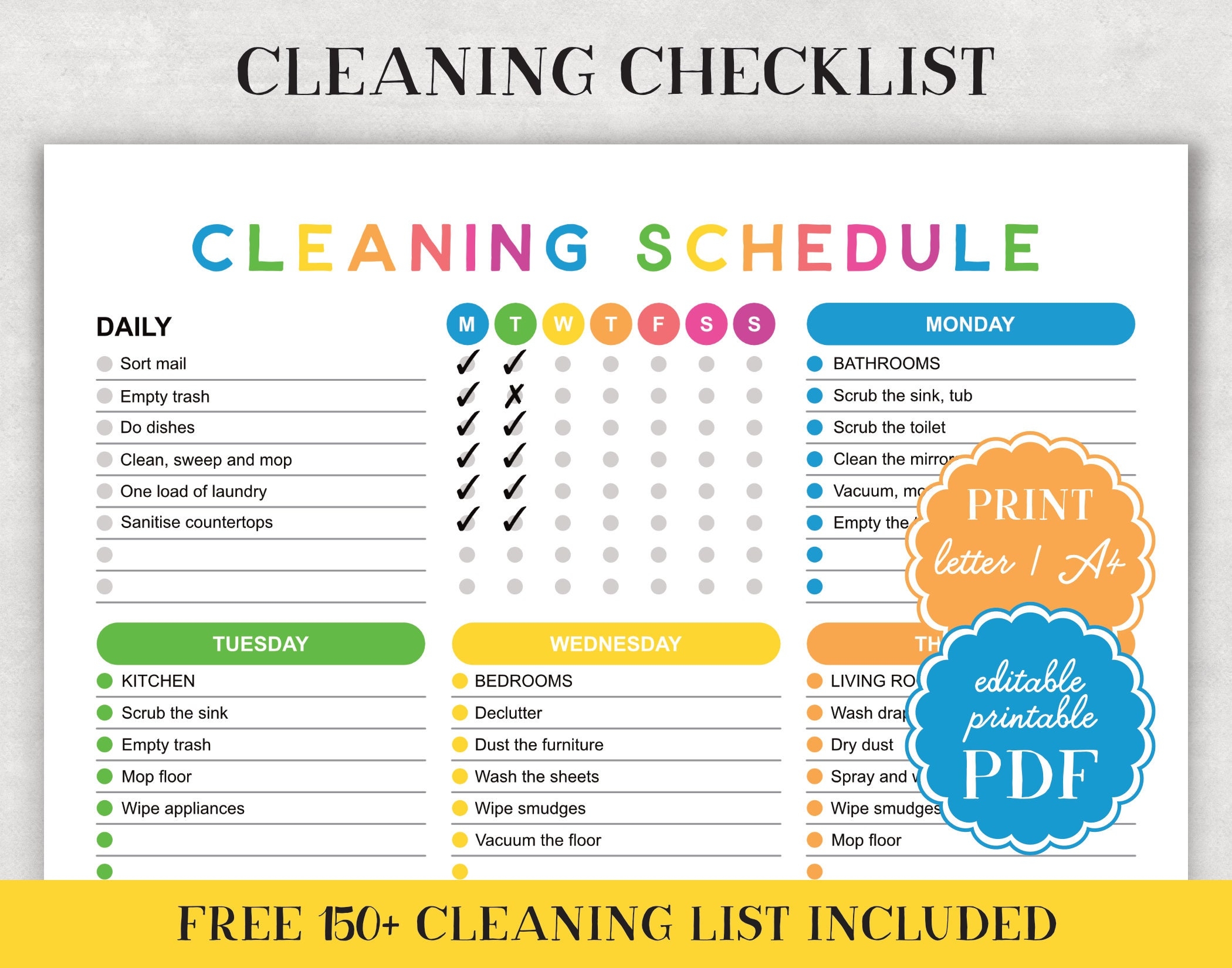 Printable Cleaning Schedule Checklist Editable Daily Weekly 