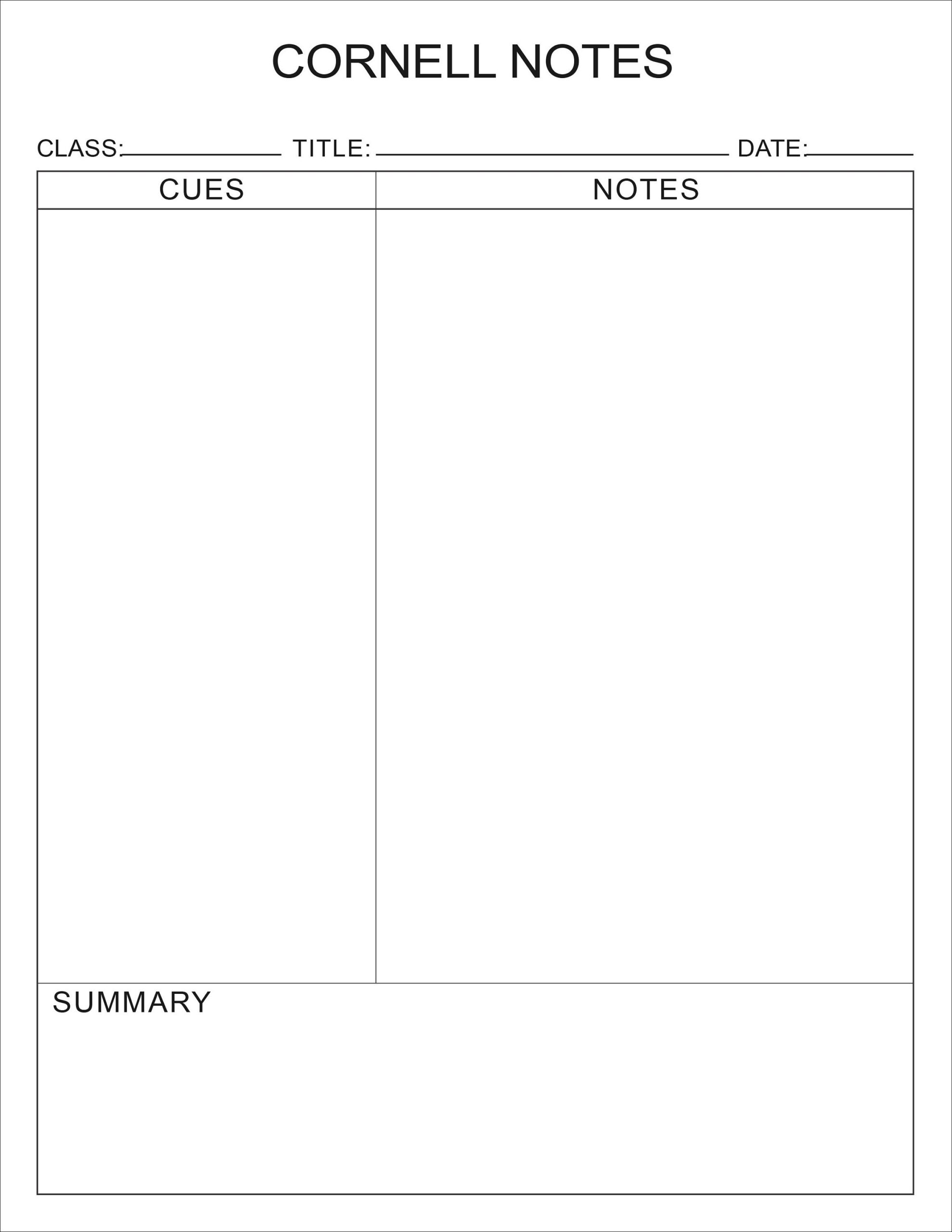 Printable Cornell Notes Plain Template PDF File 