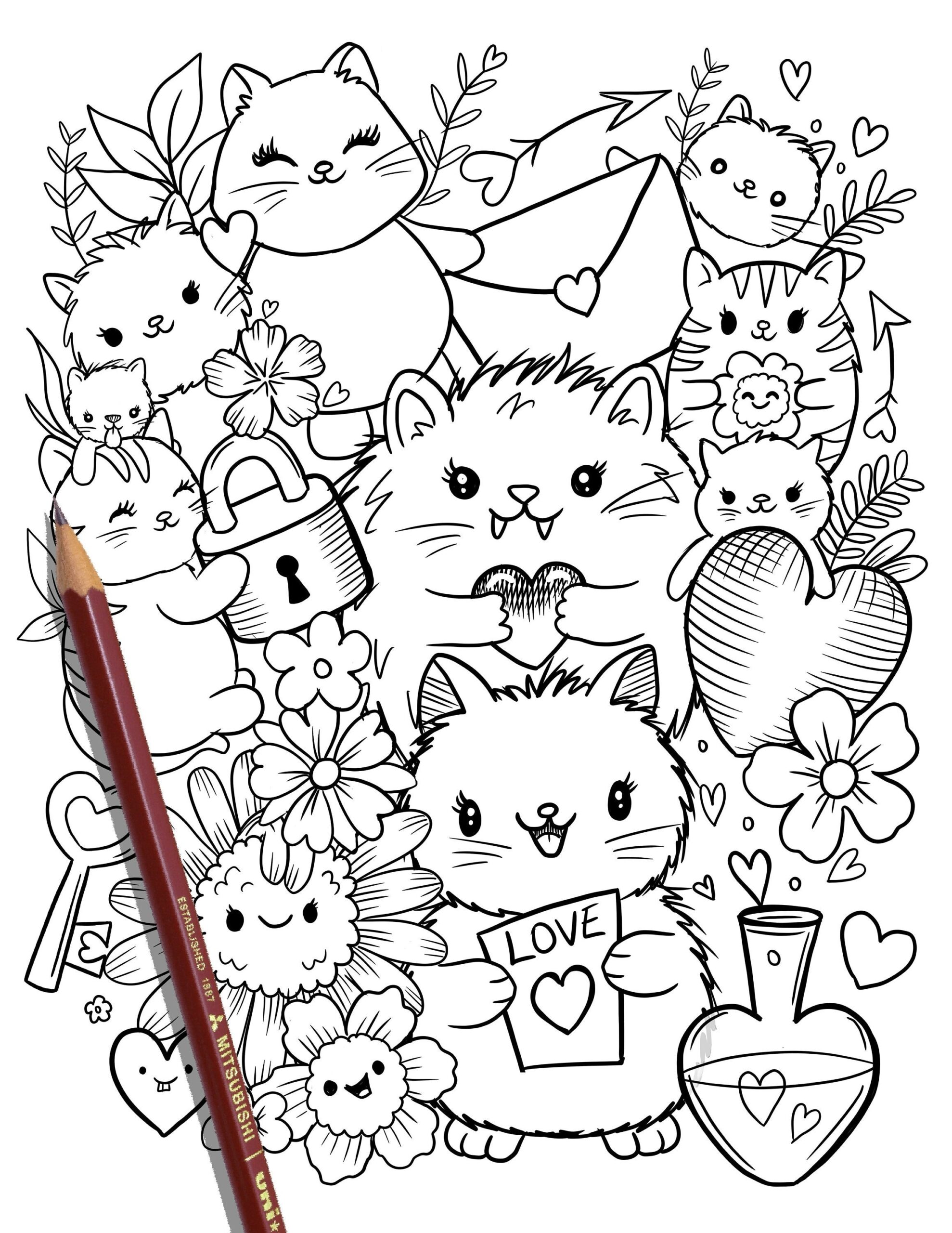 PRINTABLE Cute Kitty Cats Coloring Page Hand drawn Coloring Sheet Cat Doodles Coloring Page Kids Coloring Page Adult Coloring Etsy Australia
