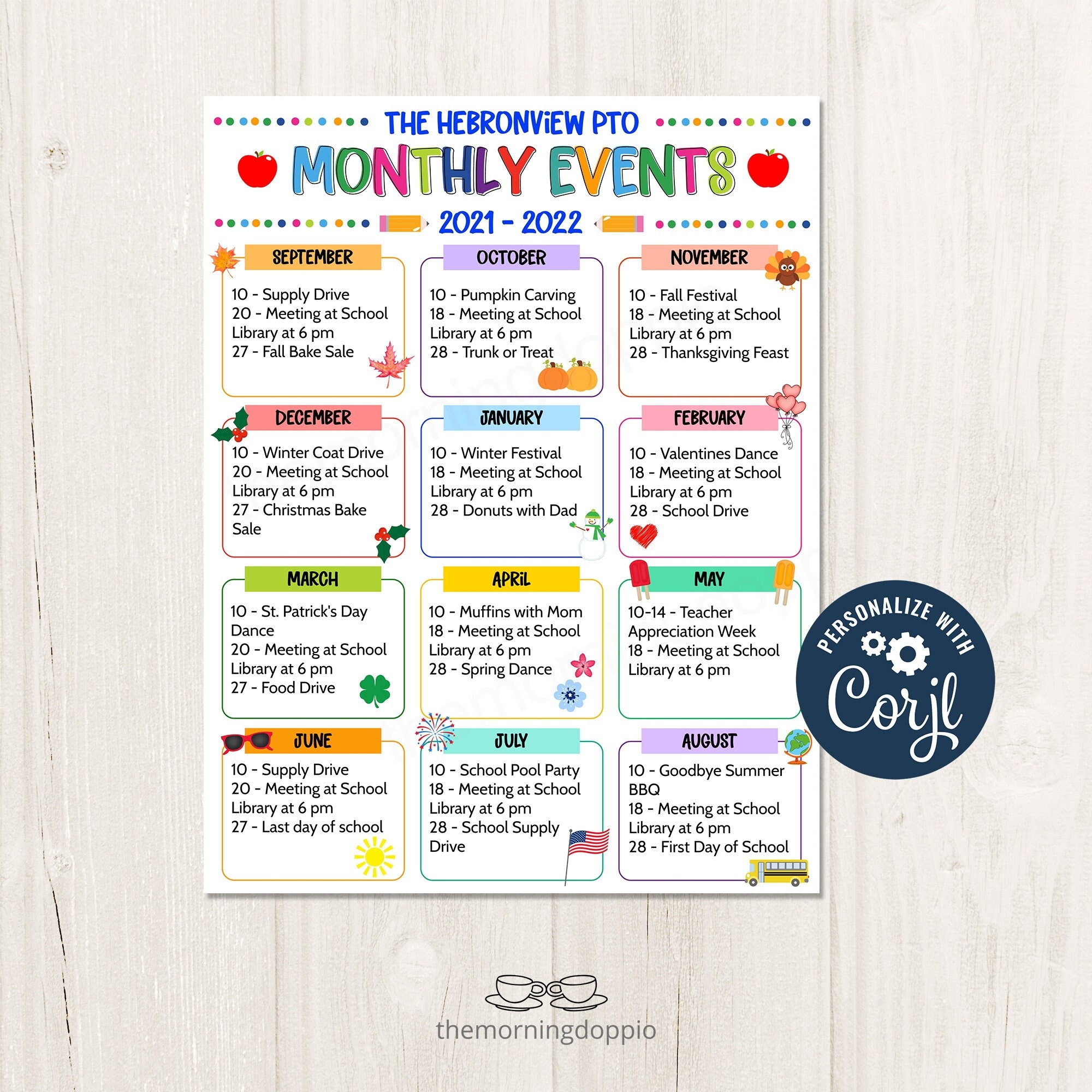 Printable editable PTO PTA Monthly Events Template Pto pta Parent Volunteer Newsletter Calendar Seasonal Events Flyer CORJL Template Etsy