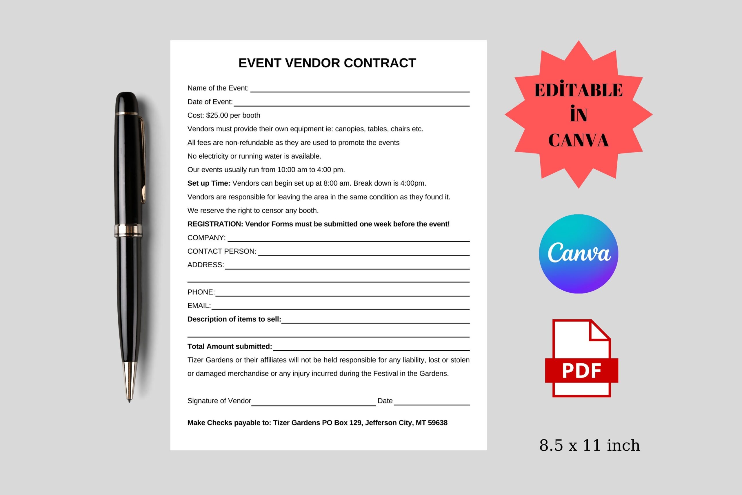 Printable Event Vendor Contract Editable Event Vendor Agreement PDF Digital Download Etsy
