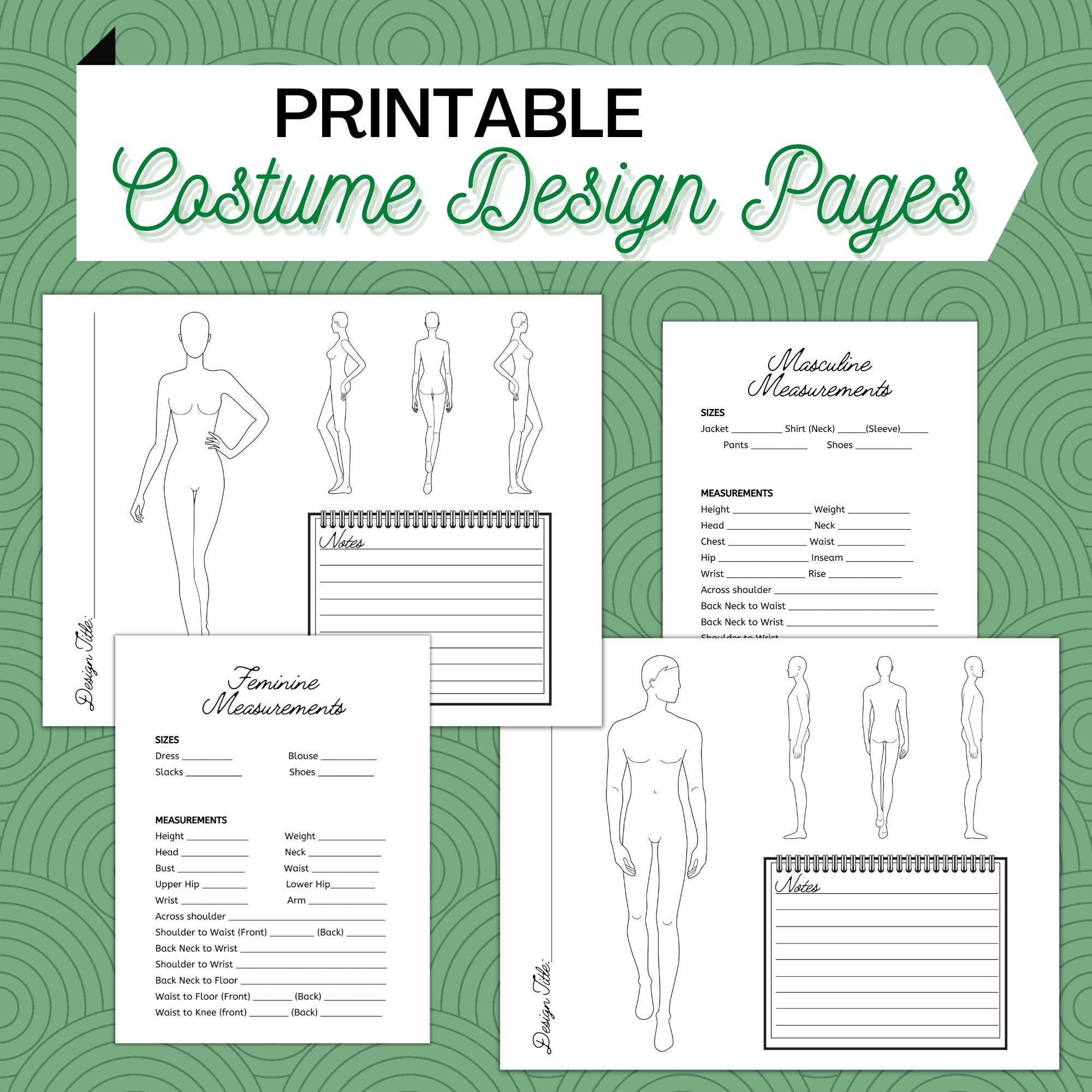 Printable Fillable Costume Fashion Drawing Design Journal Pages 