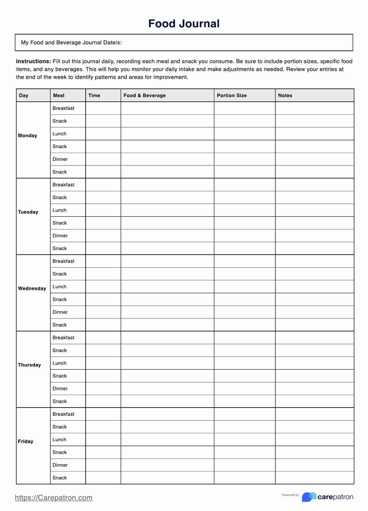printable food log template