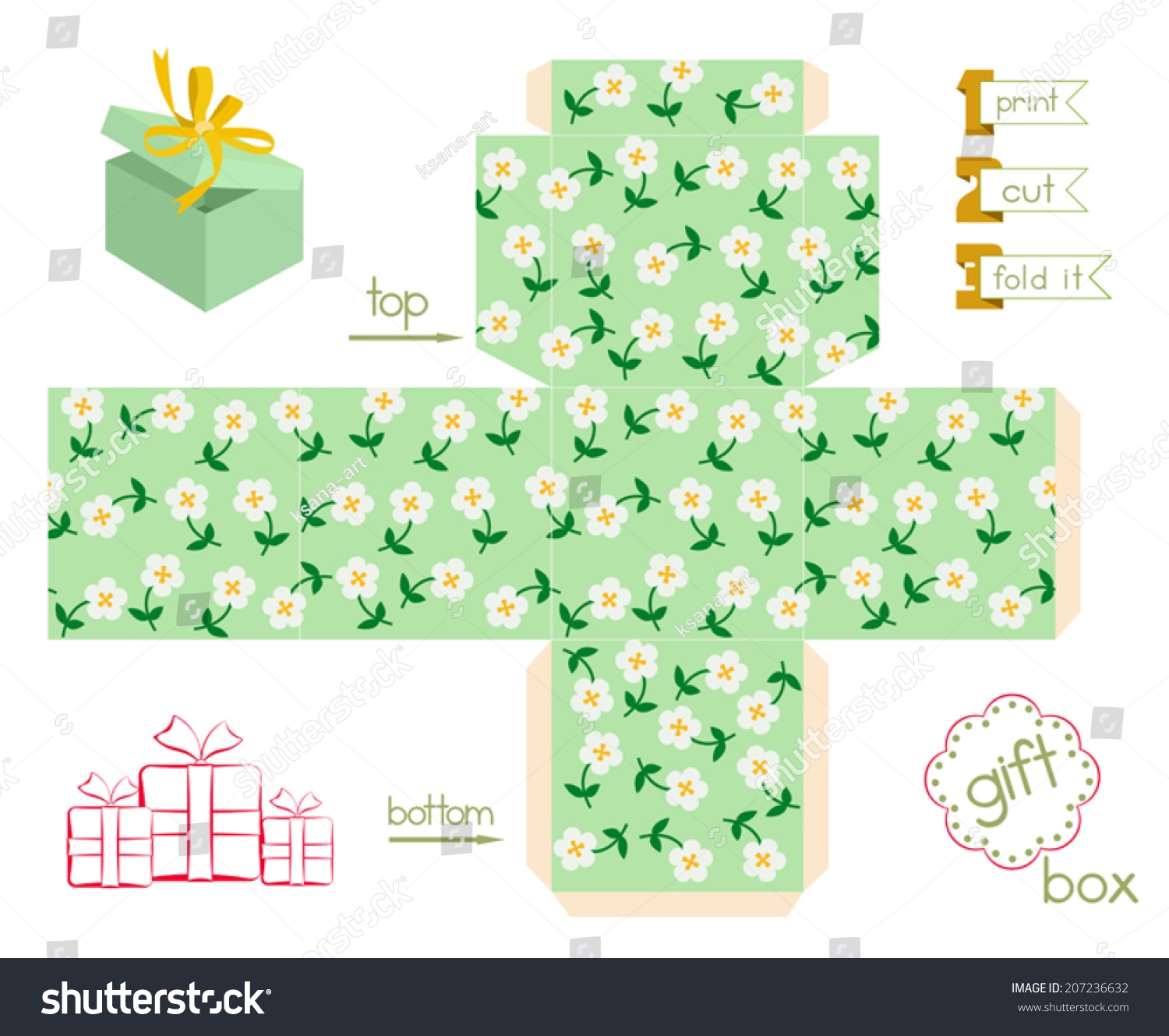 Printable Gift Box Cute Flowers Template Stock Vector Royalty 